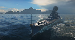 gray ship, World of Warships , boat, mountains, sea