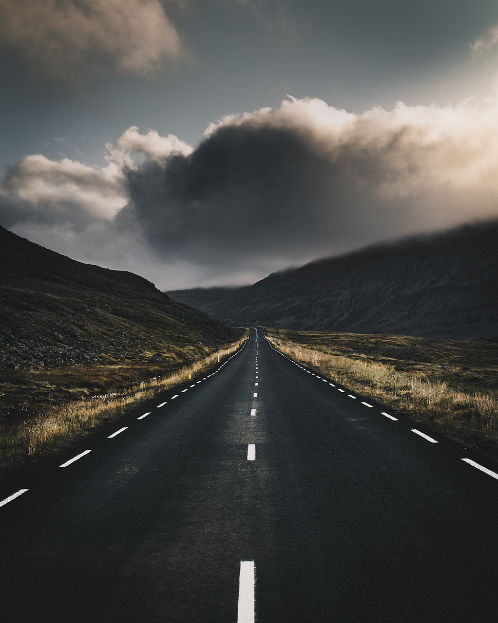 black concrete road, Road, Marking, Clouds HD wallpaper