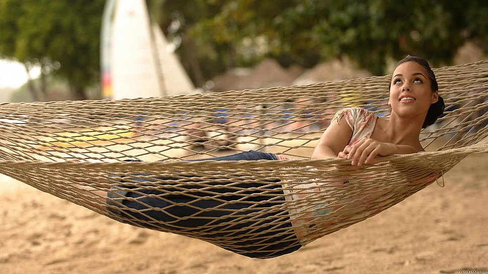 woman lying on brown hammock HD wallpaper