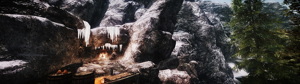 gray painting, The Elder Scrolls V: Skyrim, multiple display, landscape, mountains HD wallpaper