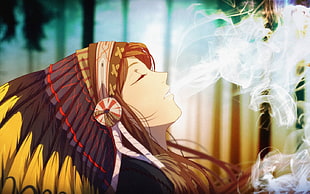 native American anime graphic wallpaper, smoking, smoke, Native American clothing