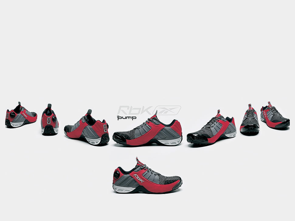 red-and-grey Reebok athletic shoe lot HD wallpaper