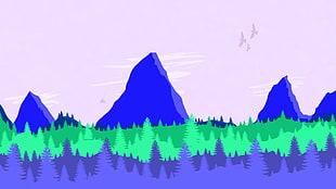 green trees and blue mountains illustration, mountains, trees, birds