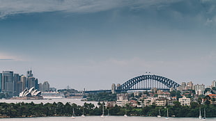 white and brown concrete concrete buildings, city, bridge, water, Sydney Opera House