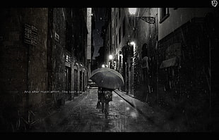 grayscale photography of person holding umbrella, umbrella, rain, mist, street