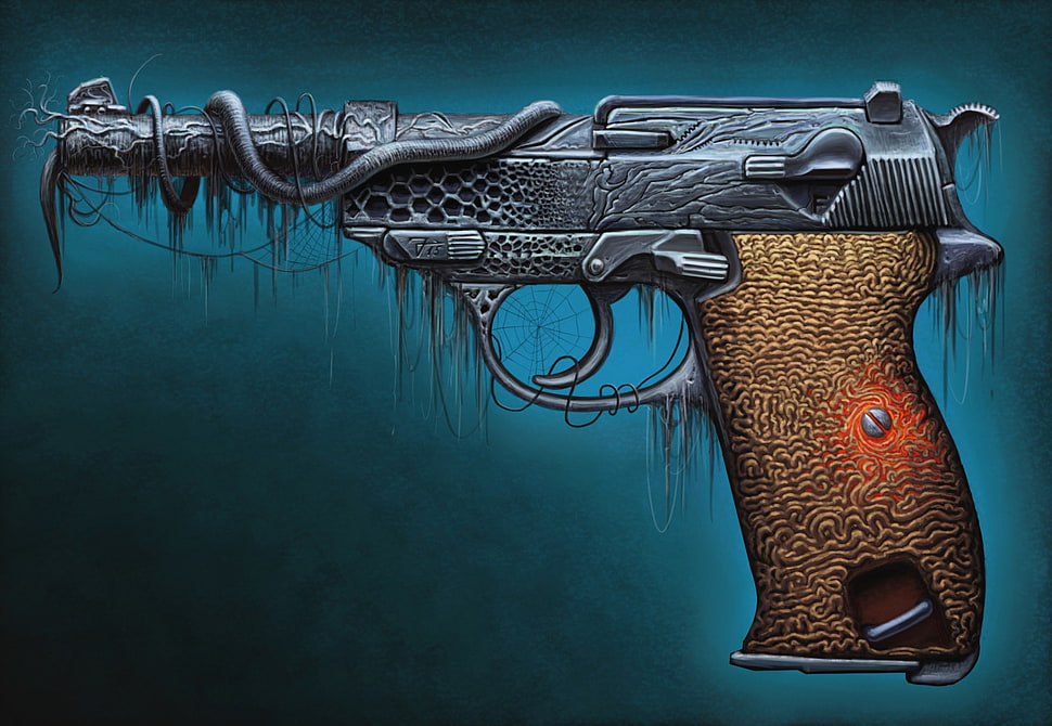 gray and brown pistol surrealism painting, pistol, artwork, Walther P38 HD wallpaper