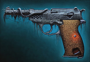 gray and brown pistol surrealism painting, pistol, artwork, Walther P38 HD wallpaper