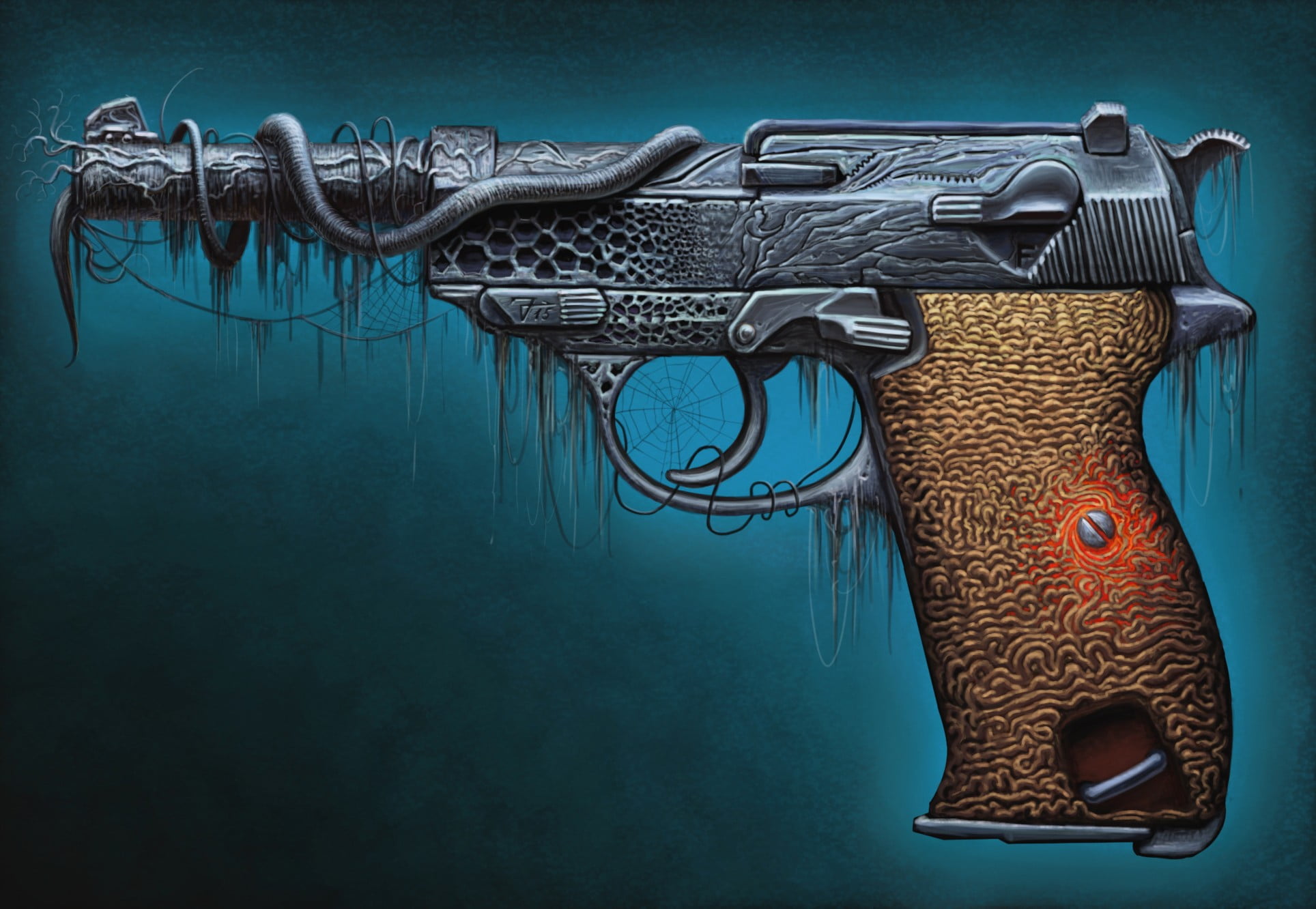 gray and brown pistol surrealism painting, pistol, artwork, Walther P38