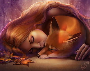 woman kissing brown fox HD wallpaper