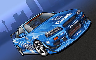 blue coupe artwork, Nissan Skyline GT-R, artwork, blue cars, vehicle