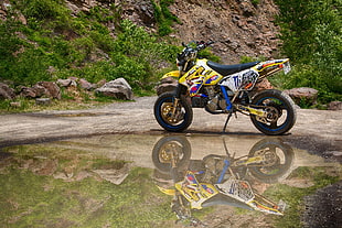 yellow and white motocross dirt bike, Monster Energy, supermoto, motorcycle, water