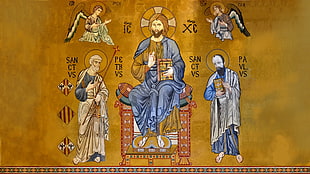 five religious character painting, Jesus Christ, Orthodox, gold, historic HD wallpaper