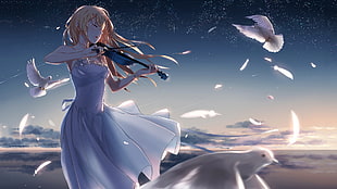 female anime character playing violin graphic wallpaper, Shigatsu wa Kimi no Uso, Miyazono Kaori