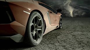 white and black car wheel, Lamborghini Aventador, salt lakes, car, storm