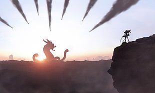 silhouette dragon photo during sunset