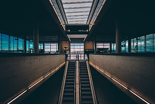 black and gray escalator, city, window, train station, escalator