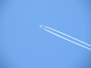white jet plane, airplane, contrails, vehicle, aircraft