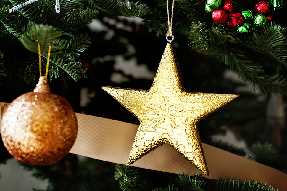 gold star hanged on Christmas tree HD wallpaper