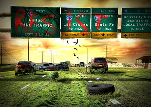 assorted-color cars illustration, apocalyptic, abandoned, road, highway