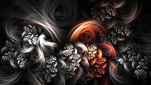 orange, black, and gray floral digital wallpaper, abstract, fractal, shapes, flowers