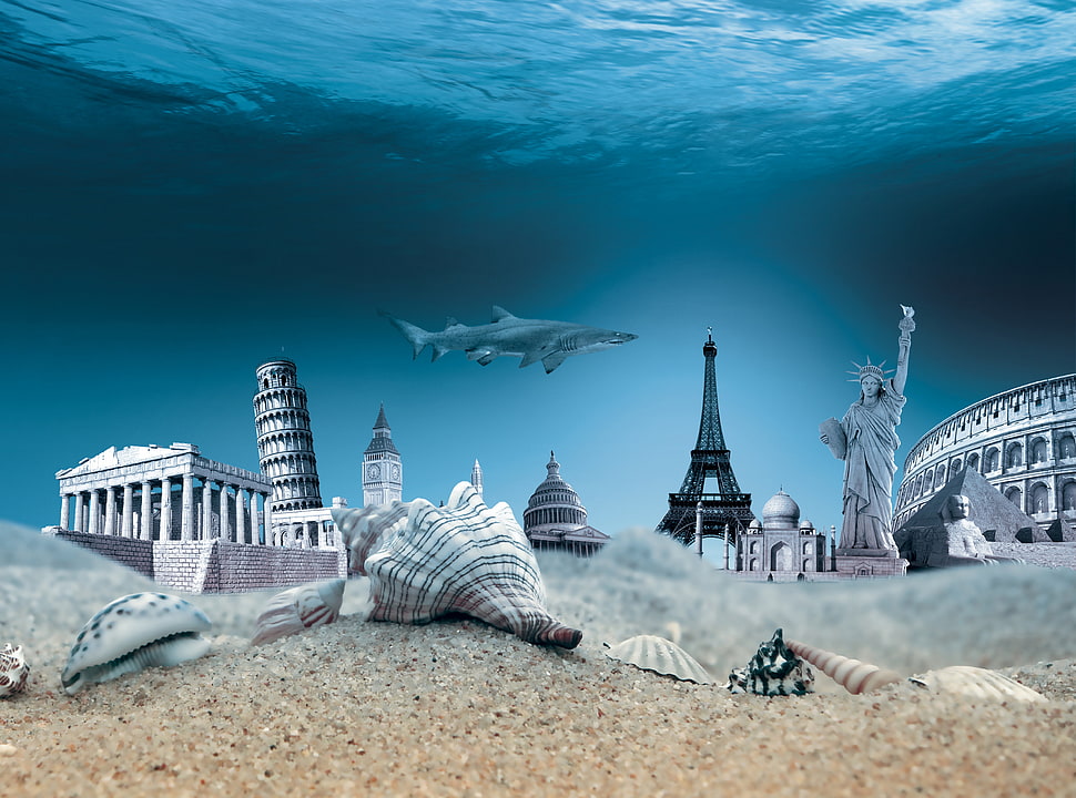 assorted-color sea shells, creativity, photo manipulation, sea, underwater HD wallpaper