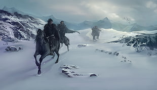 three men riding on horse running on snowfield