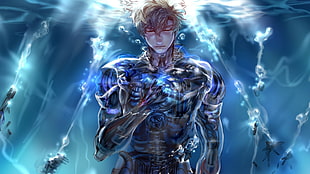 boy anime with gray armored suit underwater while closing his eyes graphic illustration