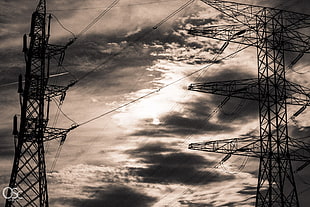 gray steel posts, monochrome, power lines, clouds, utility pole HD wallpaper