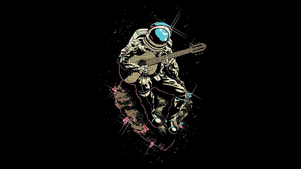 astronaut holding guitar illustration HD wallpaper
