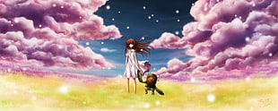 female anime character holding monster illustration HD wallpaper