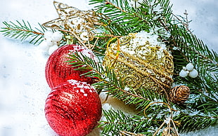 three red and gold baubles, New Year, snow, Christmas ornaments , leaves