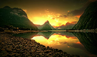 body of water near mountains illustration, New Zealand, mountains, rocks, reflection