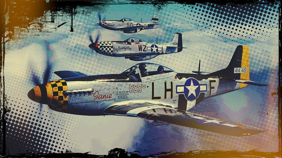 three gray-and-blue monoplane poster, airplane, pop art, vintage, sky HD wallpaper