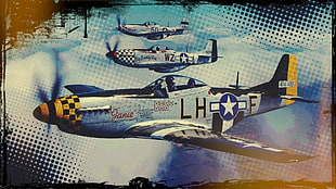 three gray-and-blue monoplane poster, airplane, pop art, vintage, sky
