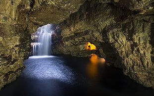 photo of brown cave, cave, waterfall, Scotland, sunlight
