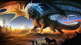 brown dragon wallpaper, dragon, horse, men, fantasy art