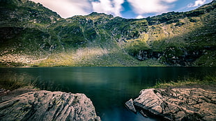 pond surround by mountains, balea, romania HD wallpaper