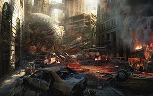 destroyed city wallpaper, artwork, apocalyptic, destruction, science fiction