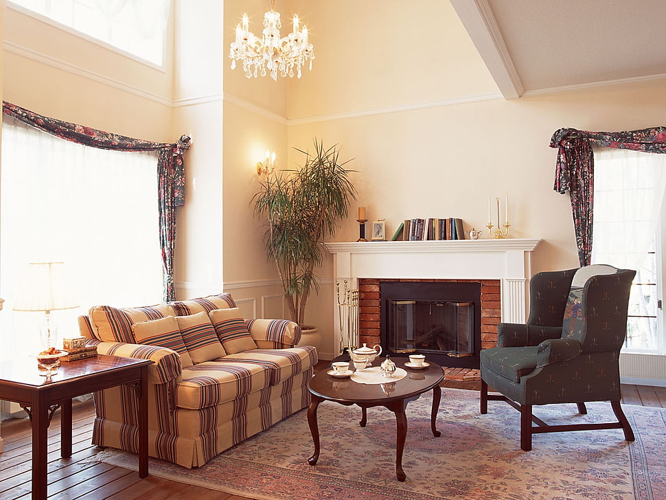 living room set with open window curtain HD wallpaper
