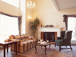 living room set with open window curtain