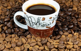 white and brown ceramic mug on coffee beans