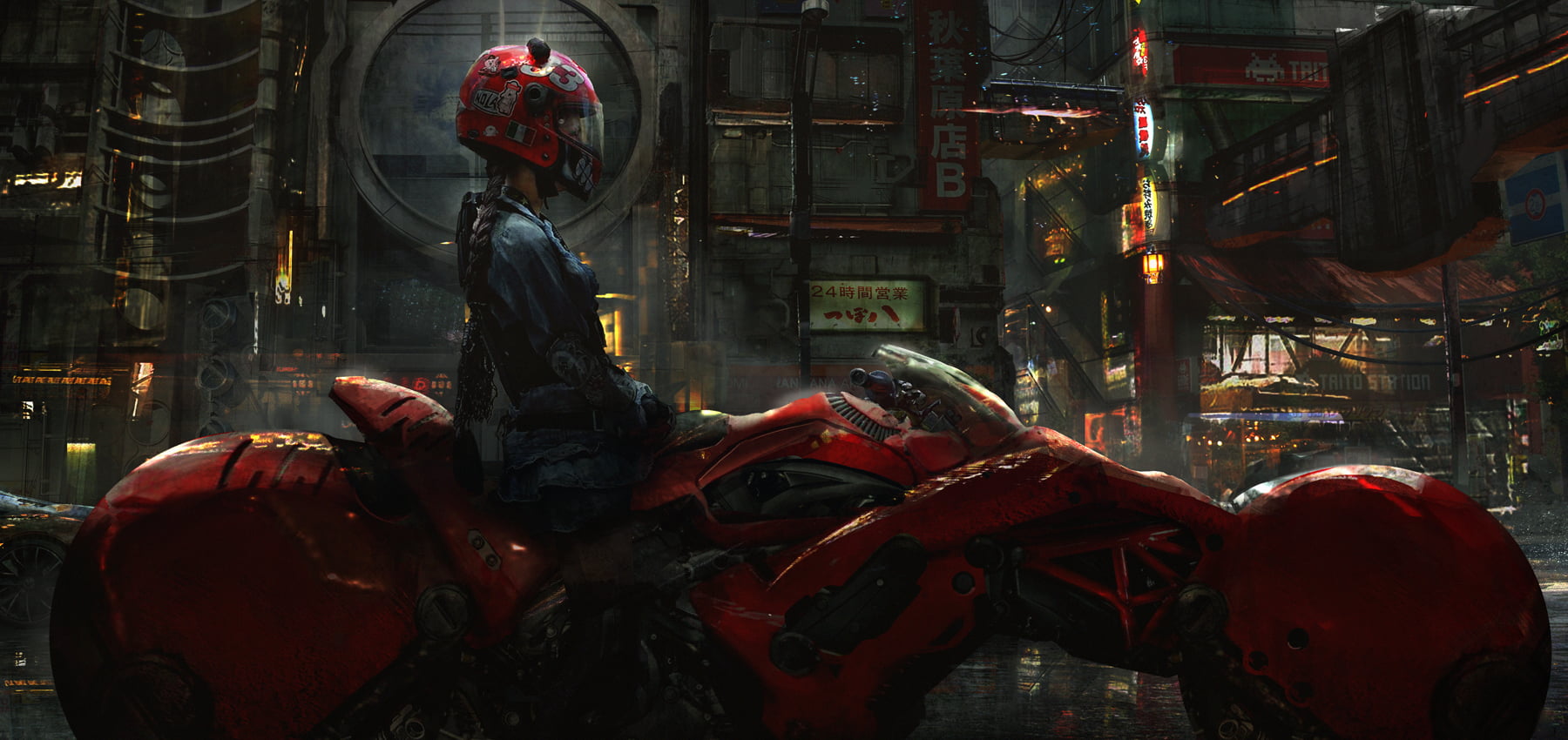 red full-face helmet, women, digital art, helmet, cyberpunk