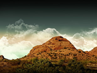 brown mountain under green clouds\ HD wallpaper