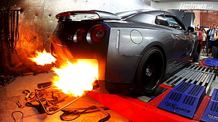 gray coupe, Nissan GT-R, car, fire, tuning