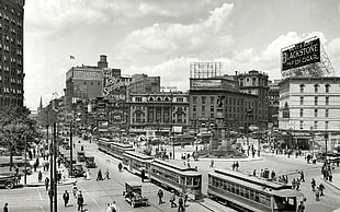 greyscale photo of city square, Detroit, 1917, city, USA