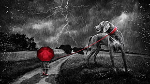 selective color of girl under red umbrella painting HD wallpaper