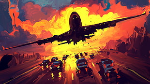 cars and passenger plane painting, digital art, aircraft