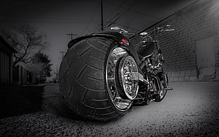 black cruiser motorcycle, motorcycle, vehicle, selective coloring