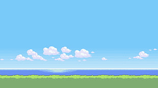 green grass, blue body of water, and white clouds illustration, Pokémon, pixel art