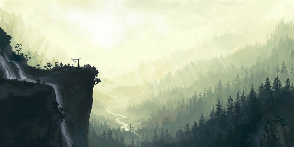 gray mountain near pine trees under gray sky HD wallpaper
